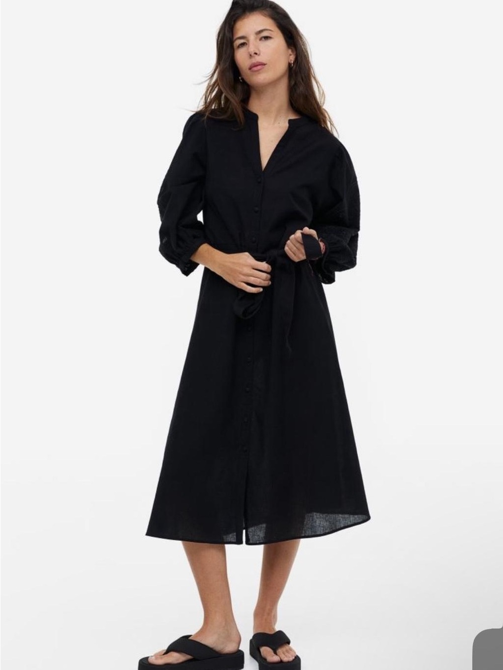 H&M Black Bohemian Embroidered Button-Front Midi Dress cotton / linen